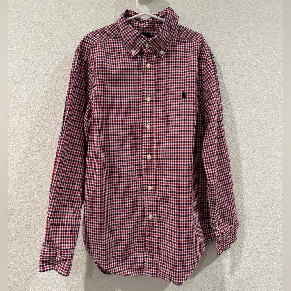 Ralph Lauren Boys Plaid Button Down Collared Logo Red White Blue Shirt Medium